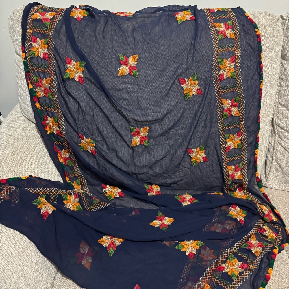 Embroidered Navy Scarf with Multicolor Floral Design
